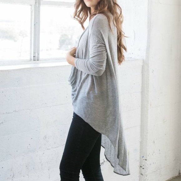Gray Long Sleeve T-Shirt Drape Knit High Low Top - Picture 3 of 4